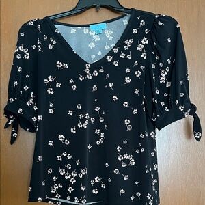 CeCe Black Blouse with White Floral and Tie Sleeves